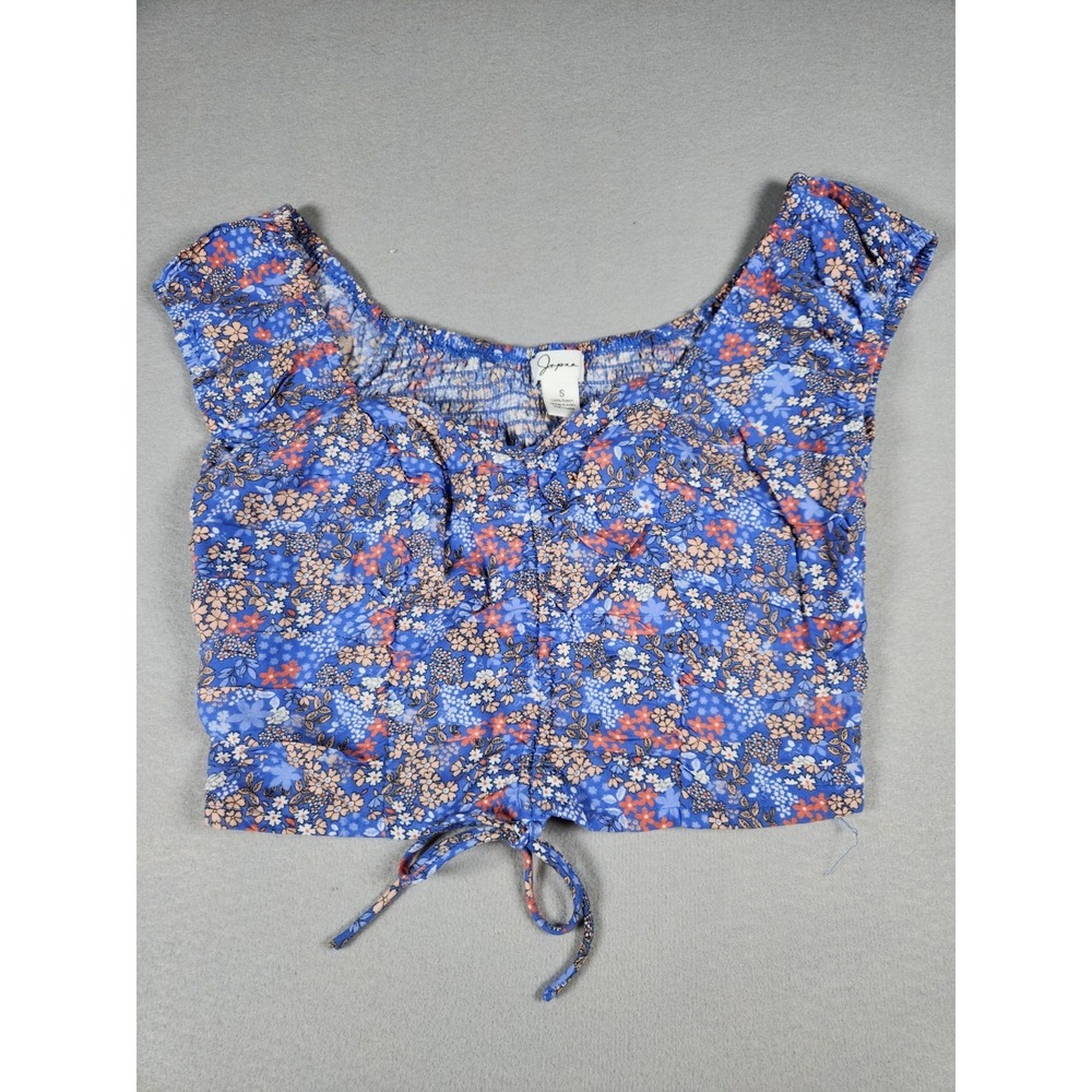 Jopna Blue Floral Smocked Back Cinch Front Crop Top Womens Small Rayon Boho Cap